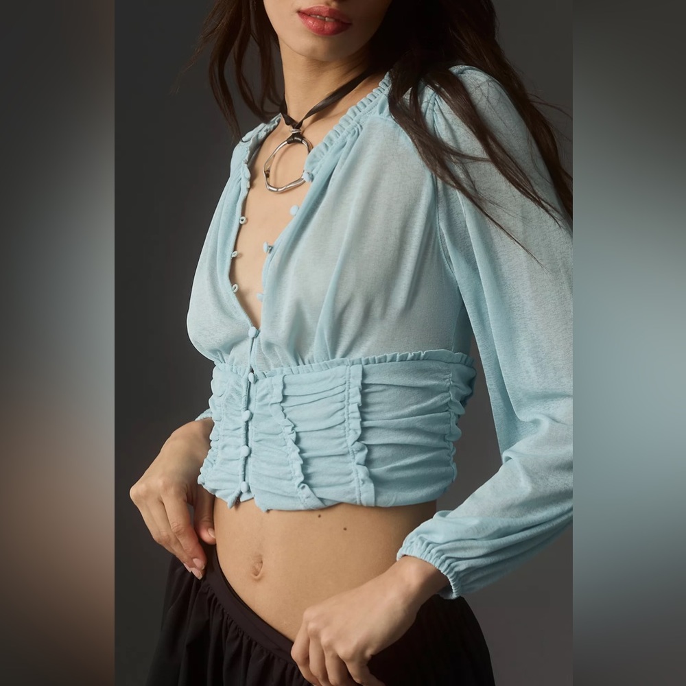 By Anthropologie Long-Sleeve Femme Ruched Cropped Top, Blue, M or L, NWT - Picture 3 of 11